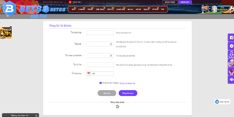 Điền thông tin đăng ký bet88